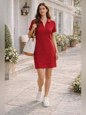 Vintage 90s Talbots Red Polo Dress Ribbed Knit Mini Preppy Tennis Small
